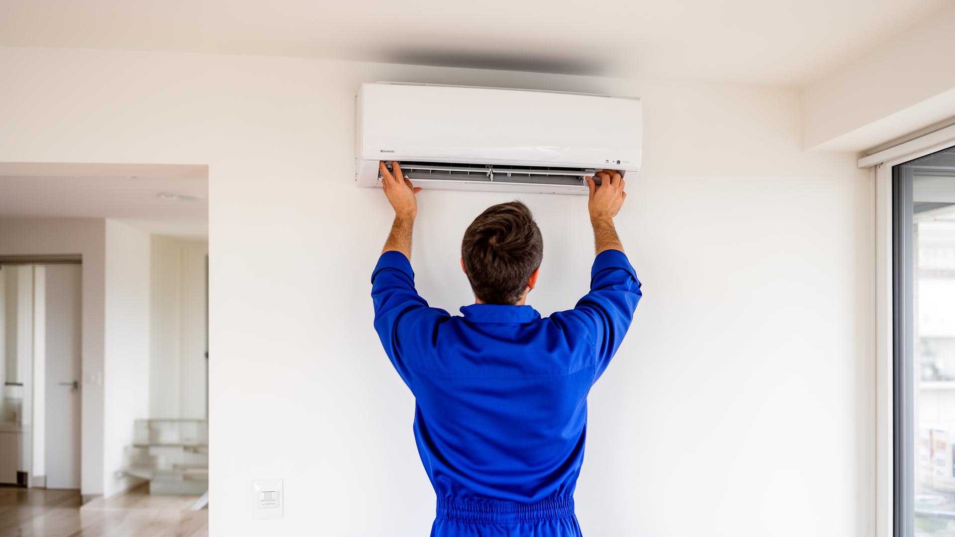 Técnico profesional instalando aire acondicionado